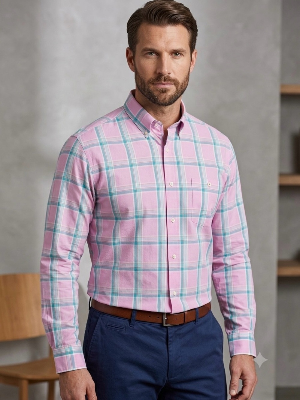 Viyella Men Shirt Large L Pink Aqua Blue Plaid Cotton No Iron Button Down LS
